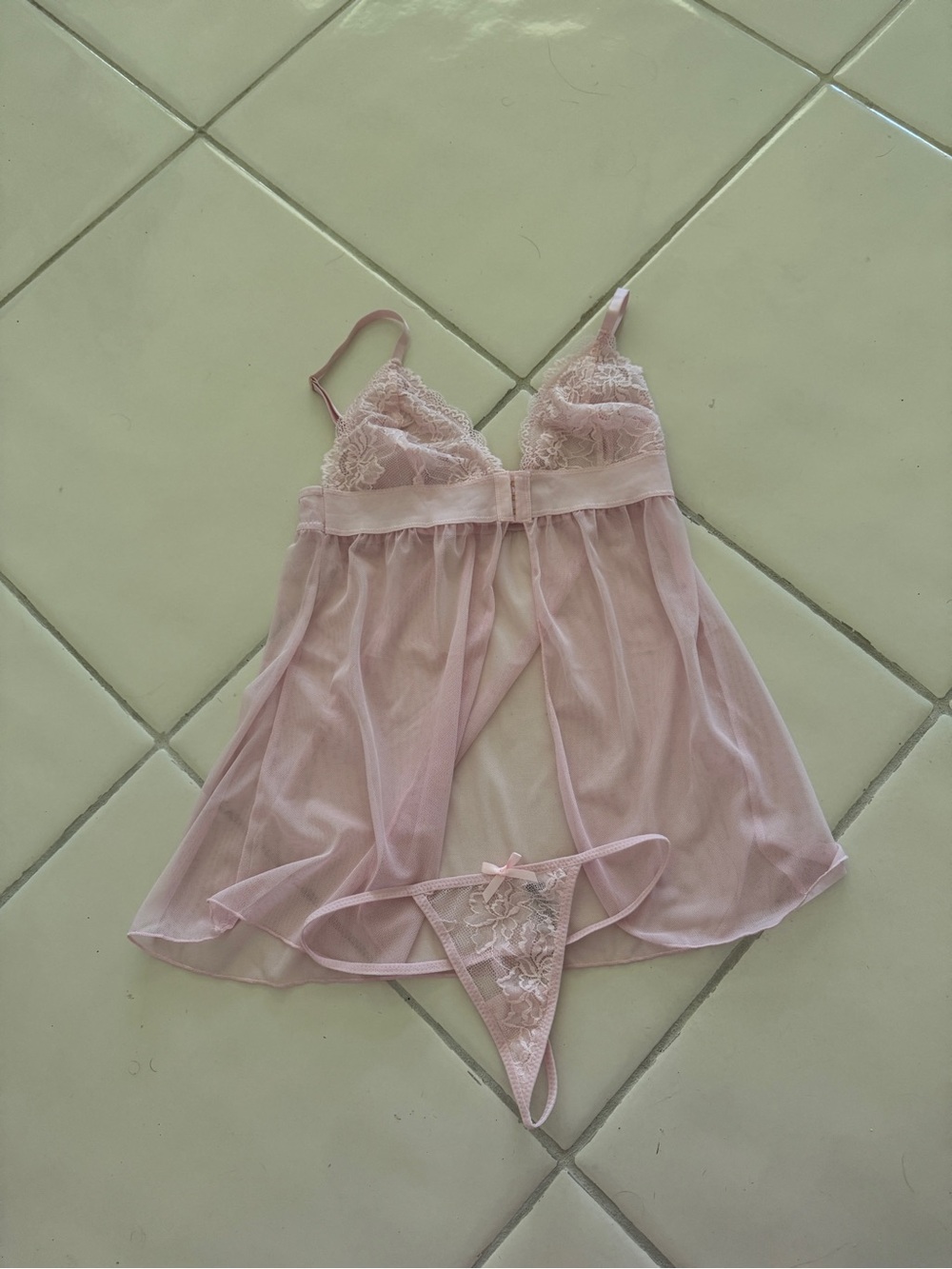 Sheer Lace Babydoll Chemise with Matching Thong - Light Pink
